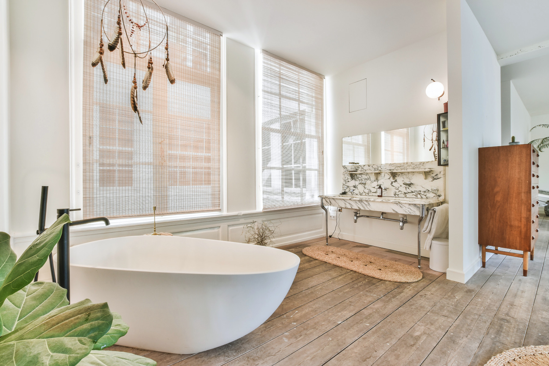 Luxury open bathroom with soaker tub