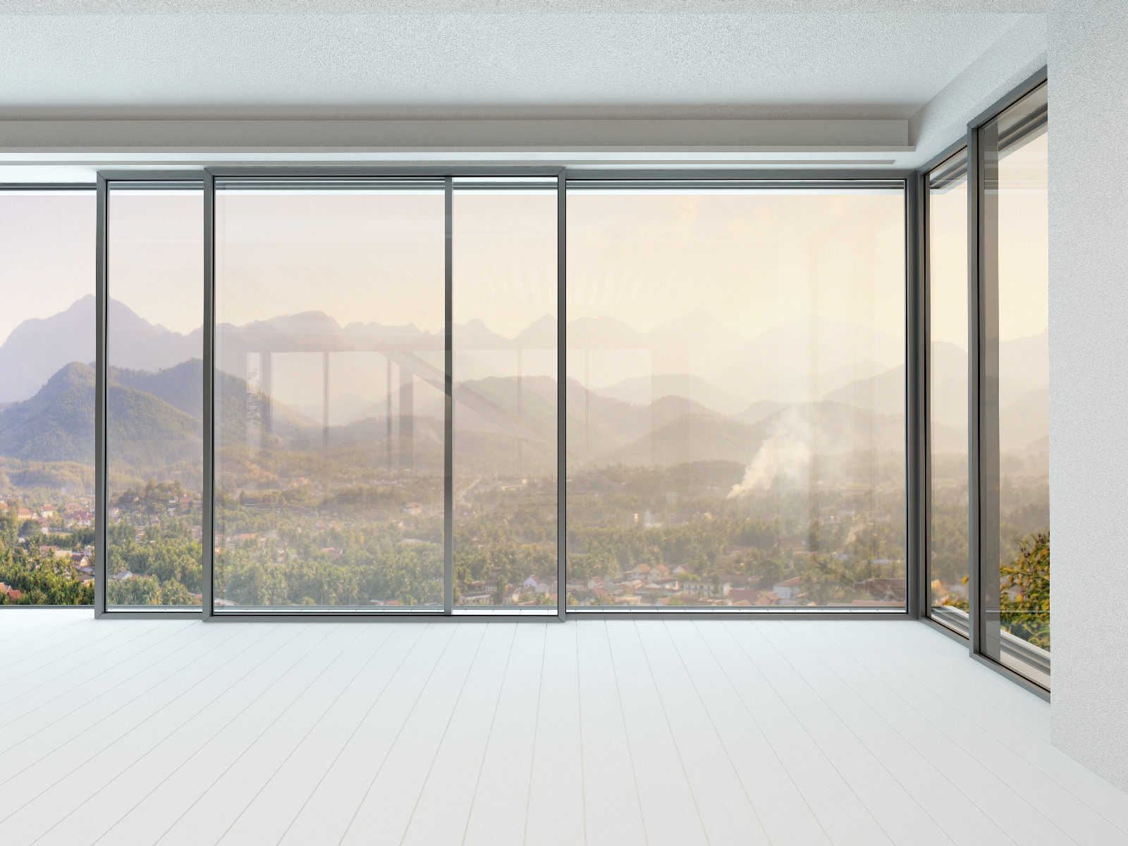 Empty white room interior with huge window