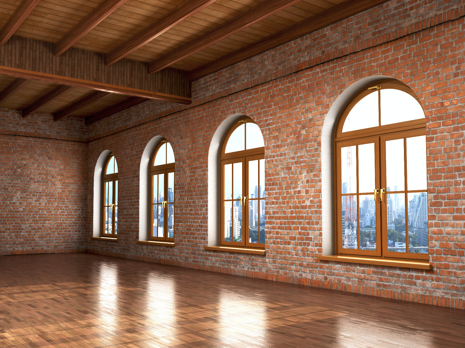 Loft studio Interior in old house. Big windows, brick red wall.3